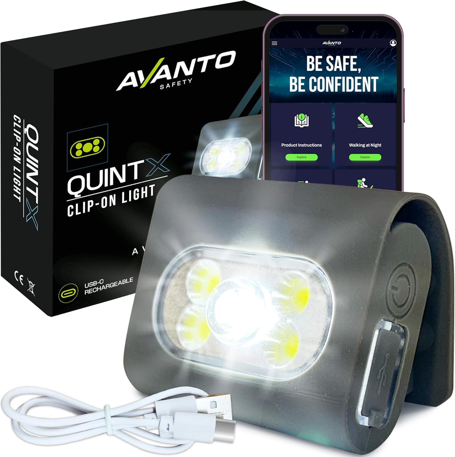 AVANTO Elite Lampe de poche magnétique à clipser, originale, lampe de course de nuit rechargeable USB-C pour coureurs, lumières de sécurité rechargeables pour promener la nuit, lampe de marche pour