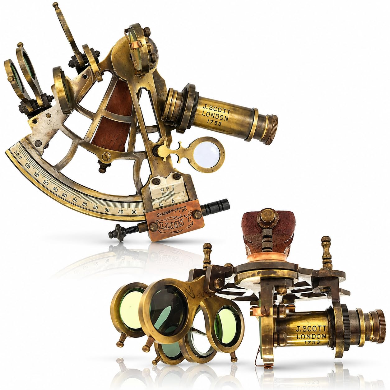 Antique Brass Maritime Sextant – Vintage Nautical Astrolabe J. Scott London 1753 Replica – Collectible Navigation Instrument for Marine Decor, Office Display & Unique Gifting