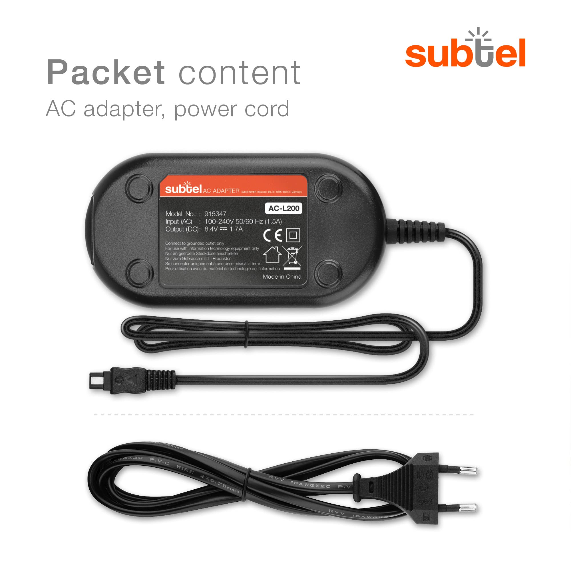 subtel® Zasilacz AC-L20, AC-L25, AC-L200 do Sony FDR-AX53 AX100 AX33 FDR-AXP33 HDR-CX250 CX220 CX190 CX130 kamera, kamera ok. 3 m adapter sieciowy kabel zasilający ładowarka kabel ładowania wtyczka