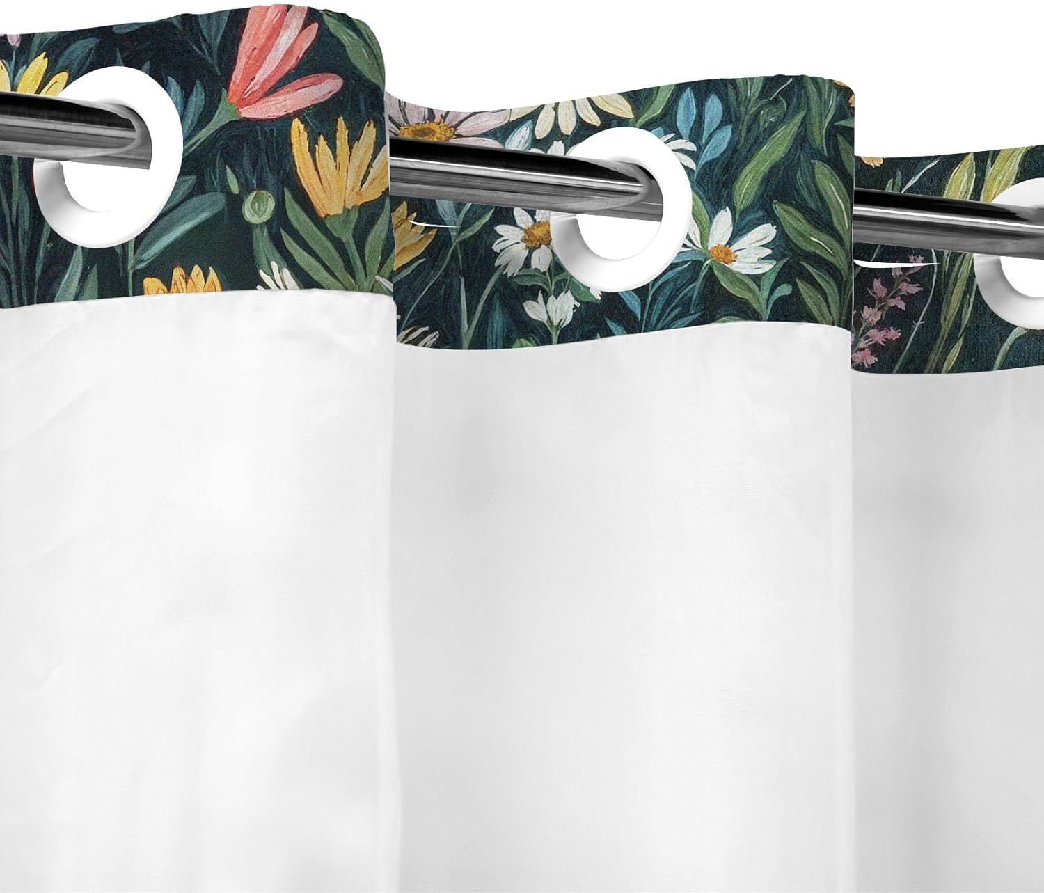 Fowocu No Hook Shower Curtain with Snap in Liner Funny Black Cats Boho Floral Daisy Flower Shower Curtains for Bathroom Fun Kitten Animal Wildflower Waterproof Fabric Bath Curtain Decor 71×74In