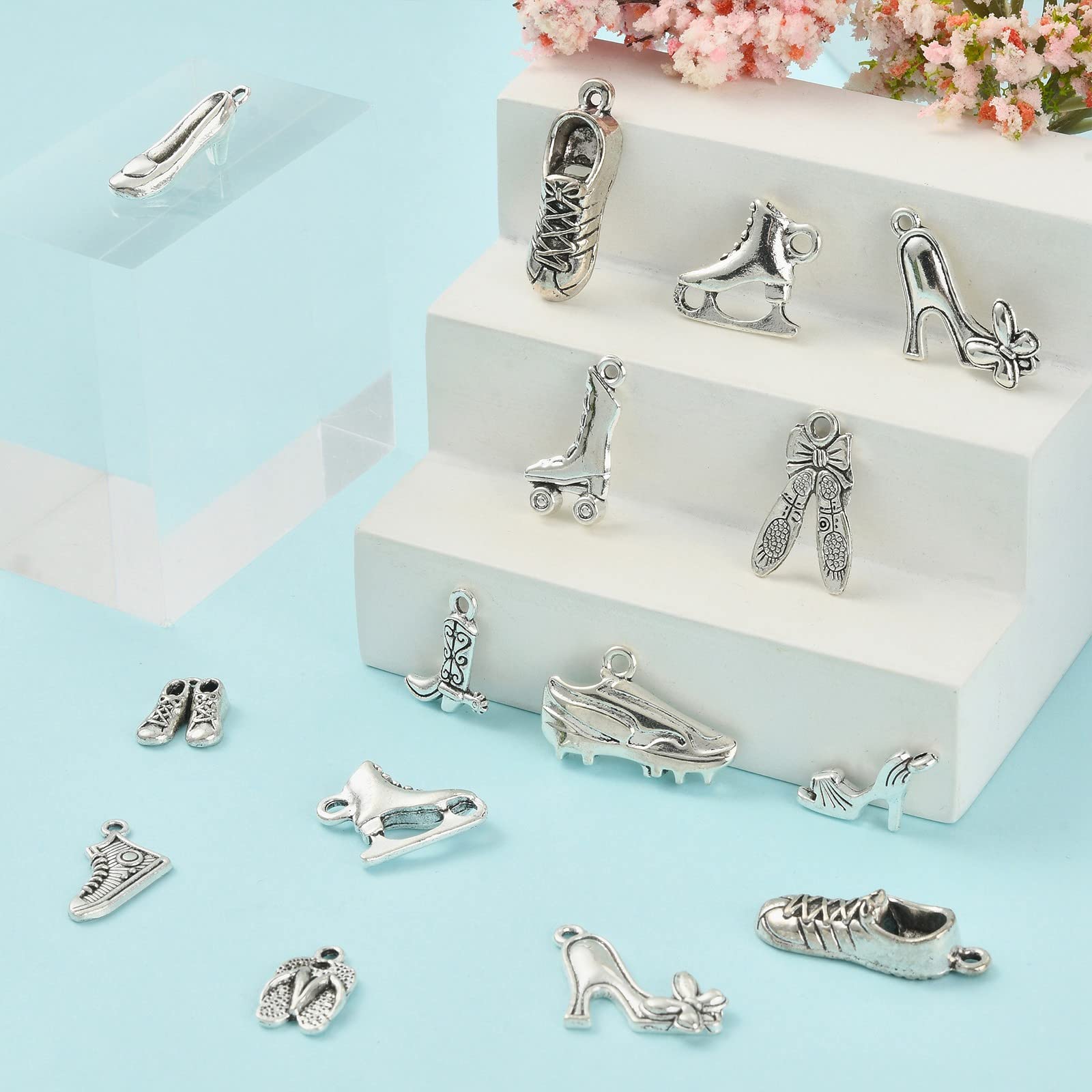 Stiesy 120Pcs 12 Styles Vintage Shoes Charms Antique Silver High Heels Shoes Charms Tibetan Cowboy Boot Ice Skates Charms for DIY Crafts Jewelry Making - Image 3