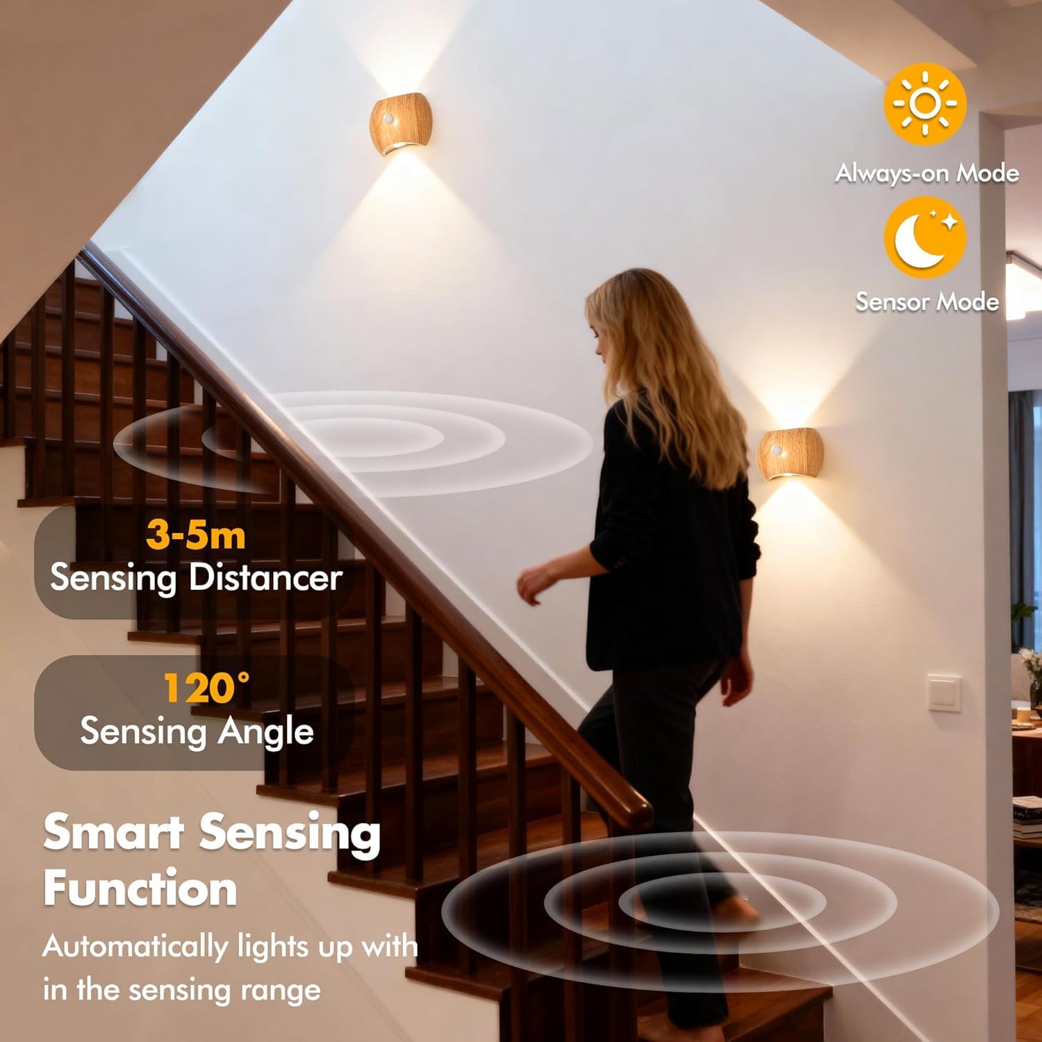 Set di 2 Applique da Parete Ricaricabili per Interni con sensore di Movimento, Senza necessità di Collegamento alla Rete elettrica, Lampada a LED con 3 Colori, luci Verso l'Alto e