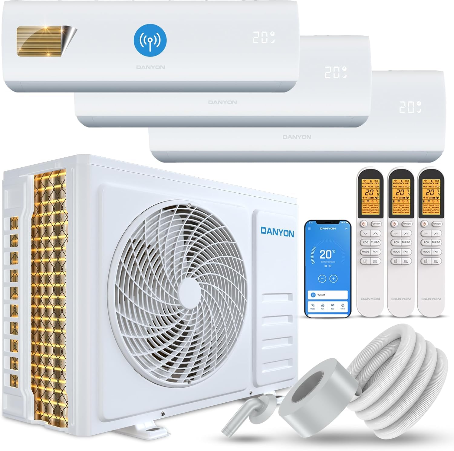Danyon Multisplit Klimaanlage 3 Innengeräte - 27000 BTU - 7,9 kW - Inverter Klimagerät mit Heizfunktion, WiFi und Smart-Home - sehr leise & energiesparend, Splitgerät vorgefüllt