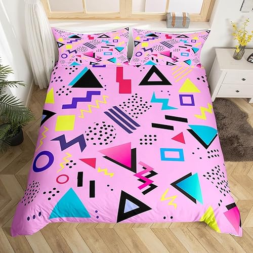 Miniatura 34 de Memphis - Juego de funda de edredón – Ropa de cama vintage amarillo púrpura con patrón de estilo retro, formas geométricas, ilustraciones