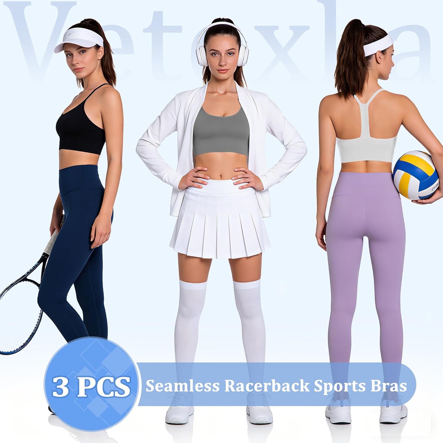 3 Pcs Racerback Sport Bra, Padded Y Back Cropped Bra, Medium Impact Spaghetti Thin Strap Workout Yoga Top