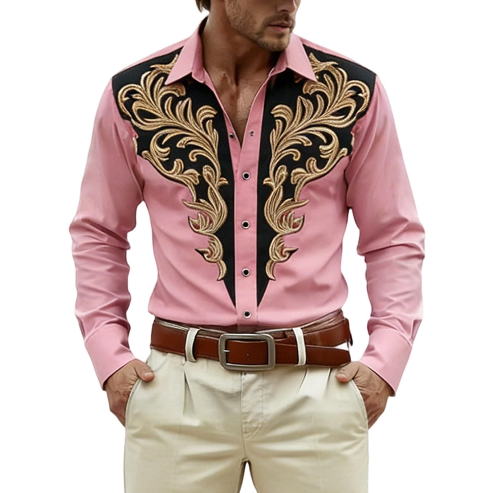 Long Sleeve Shirt with Print for Festive Western and Cowboy Outfits - Medieval Shirt with Buttons for Casual and Parties, pink, S — image 1