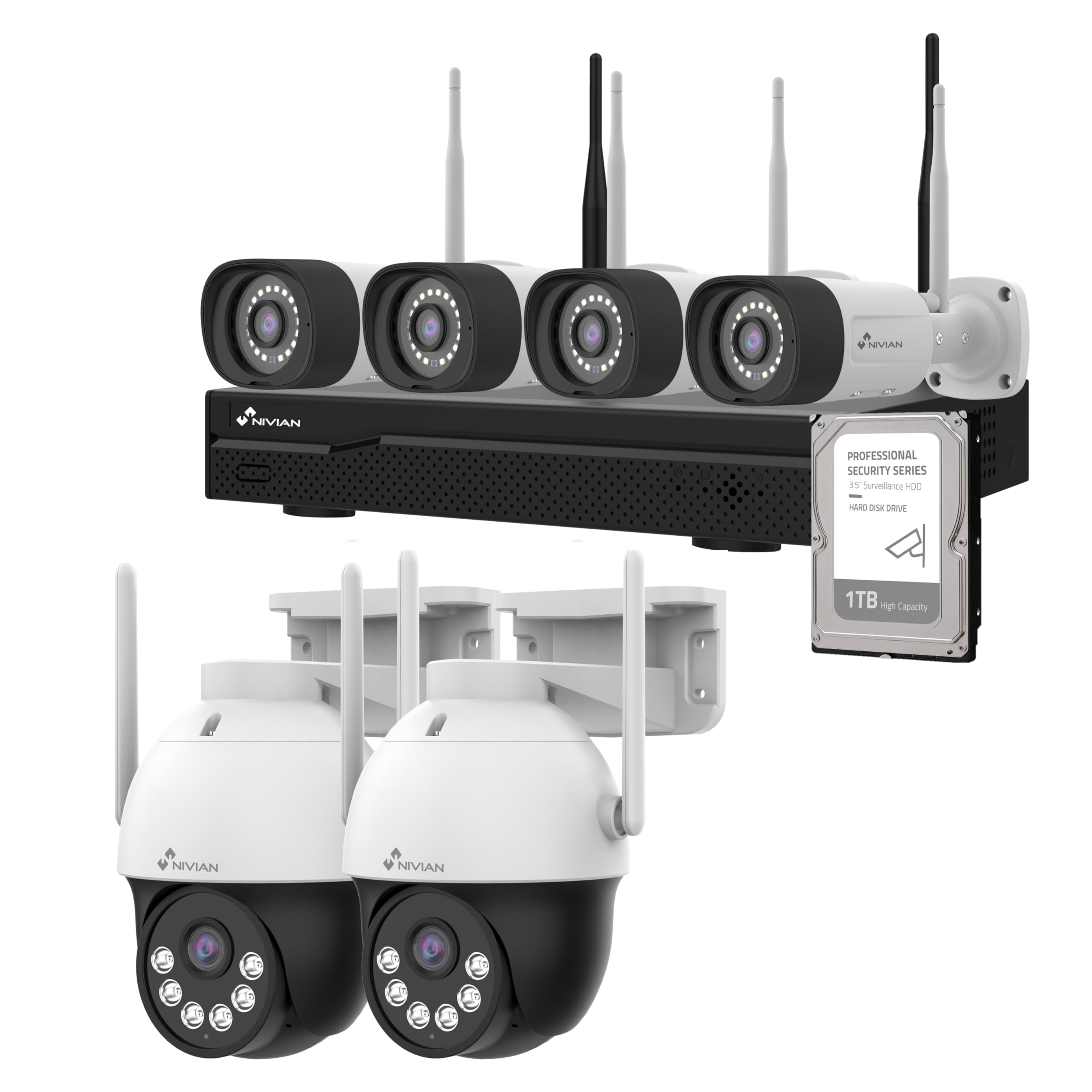 NIVIAN Kit Videosorveglianza WiFi Professionale 2K con 6 Telecamere IP PTZ, NVR 10 Canali, Immagini Super HD, IA Rilevamento Umano, Visione Notturna, Audio, HDMI, App EseeCloud, Registrazione 24/7 HDD