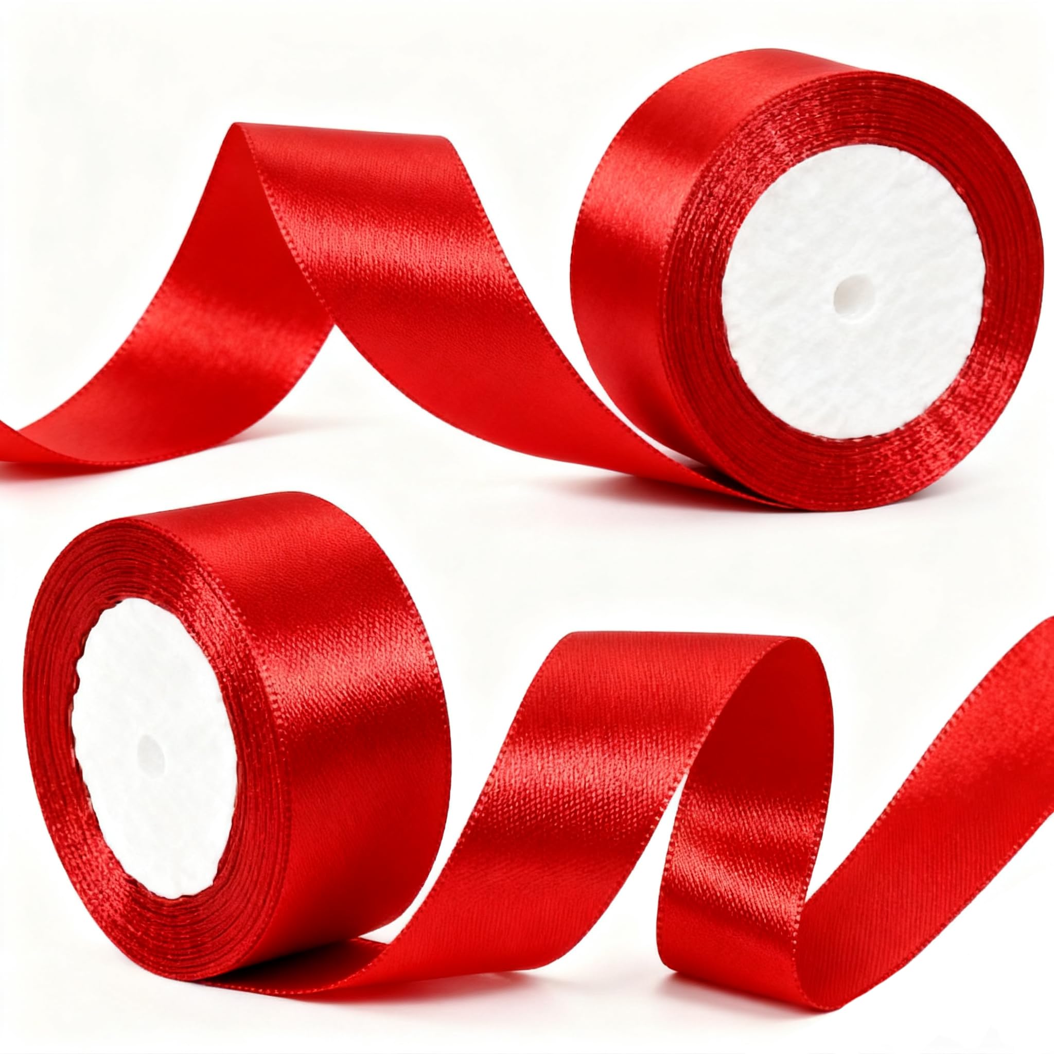 2 Rolls 50mm Red Satin Ribbon for Gift Wrapping, 22m Thick Fabric Craft Ribbon for Balloons,Crafting,Hair,Bouquets,Wedding, Car,Presents,Cake,Christmas Party Decorations
