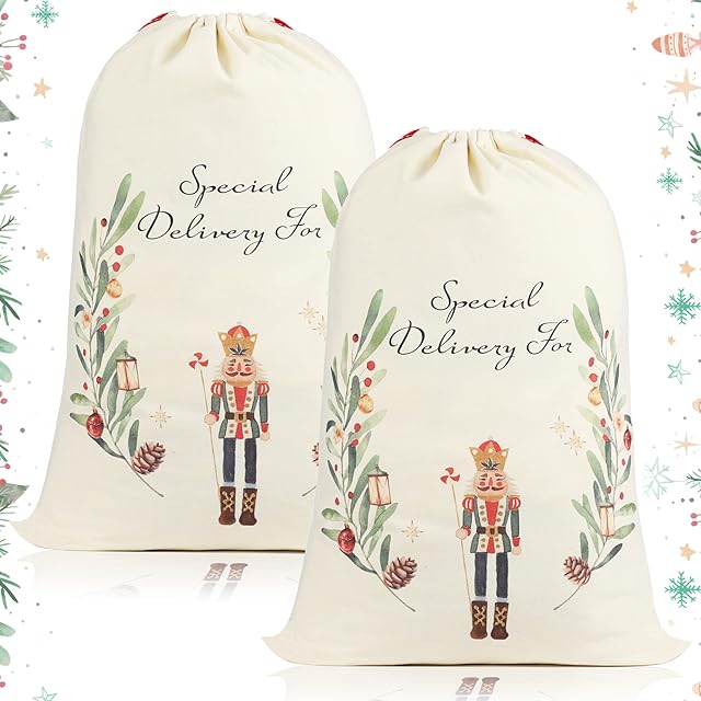 Large Christmas Personalized Blank Sack Bag Big Christmas Santa Bag with Drawstring Christmas Nutcracker Present Bags for Christmas Party Favors Storage (2 Pack Nutcracker) (Boys)