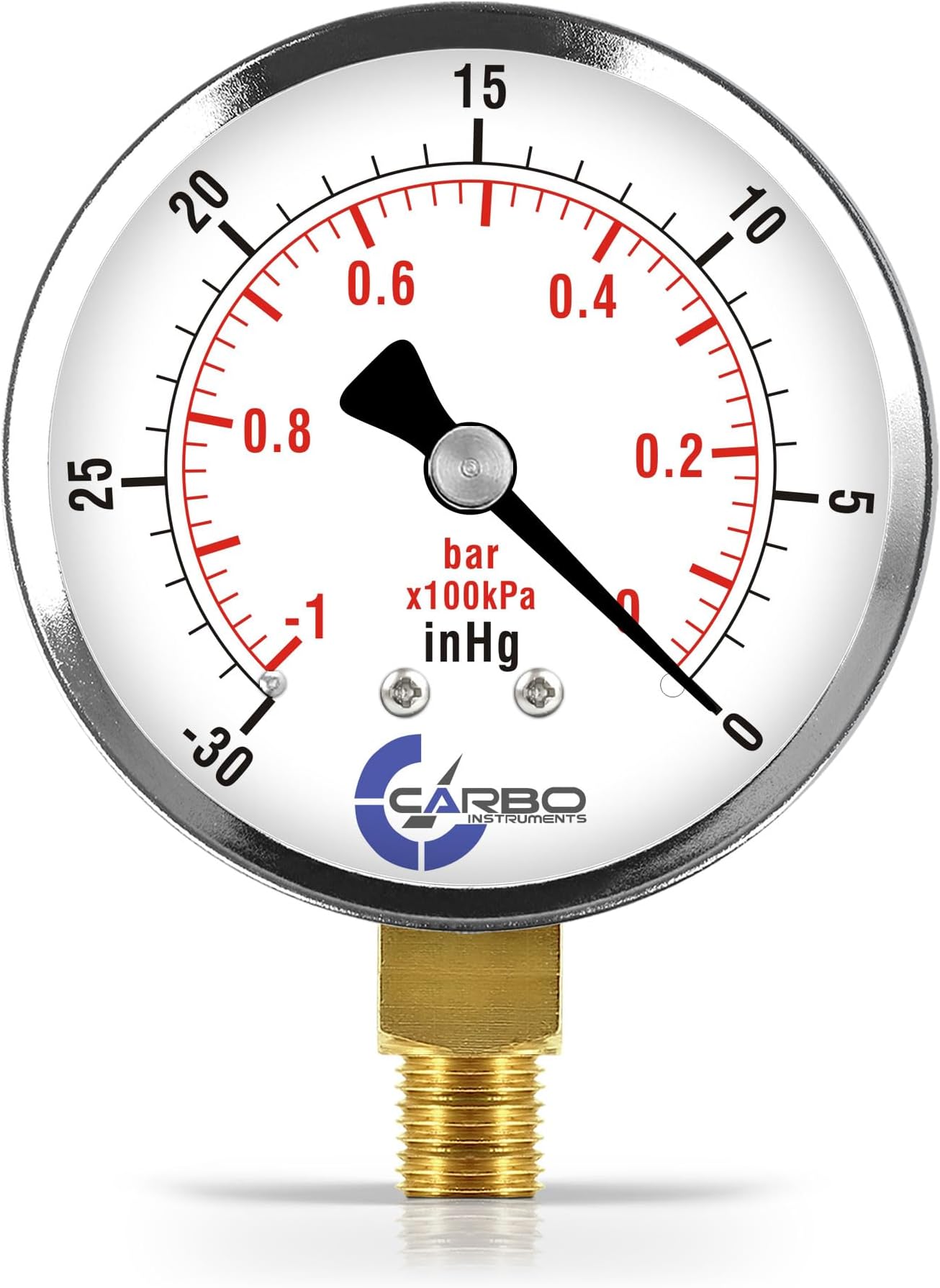 2-1/2" Pressure Gauge, Chrome Plated Steel Case, Dry, Vacuum -30 Hg/0, Lower Mount 1/4" NPT