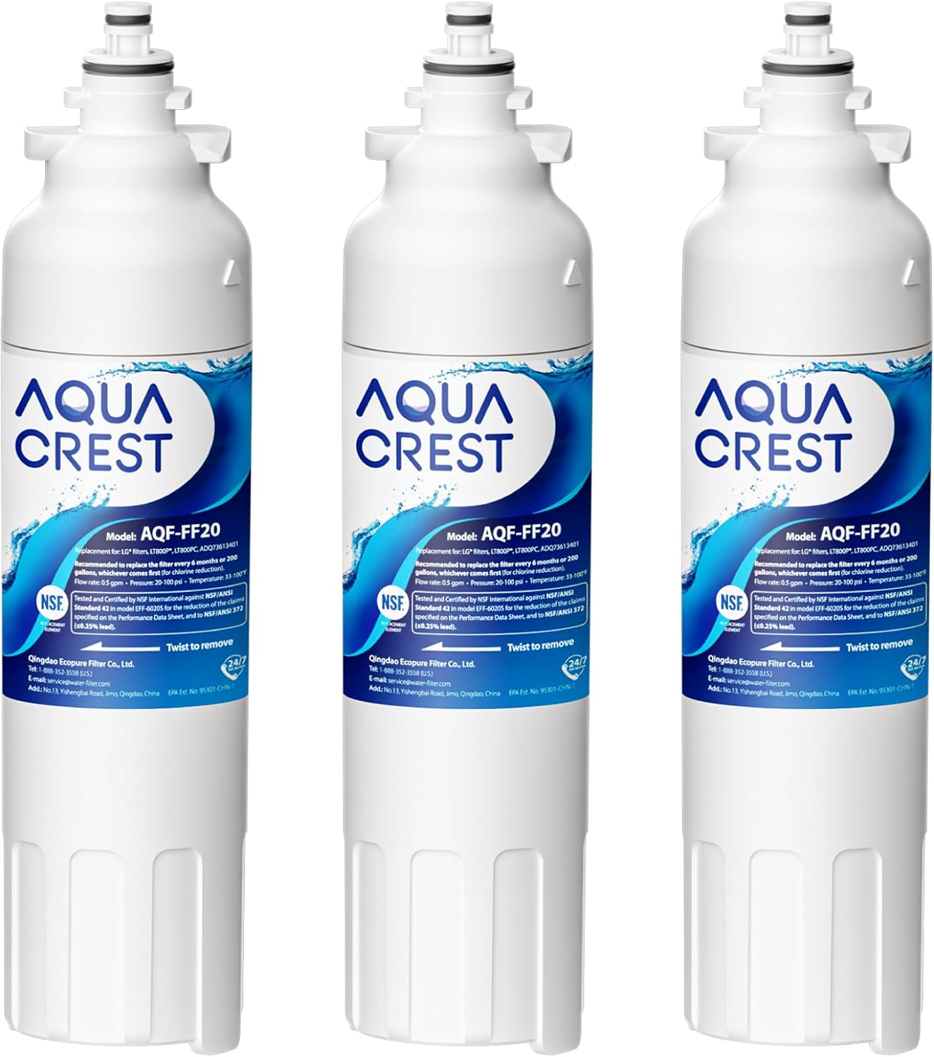 AQUA CREST ADQ73613401 Refrigerator Water Filter, Replacement for LG LT800P, ADQ73613402, Kenmore Elite 9490, ADQ73613408, ADQ75795104, 3 Pack