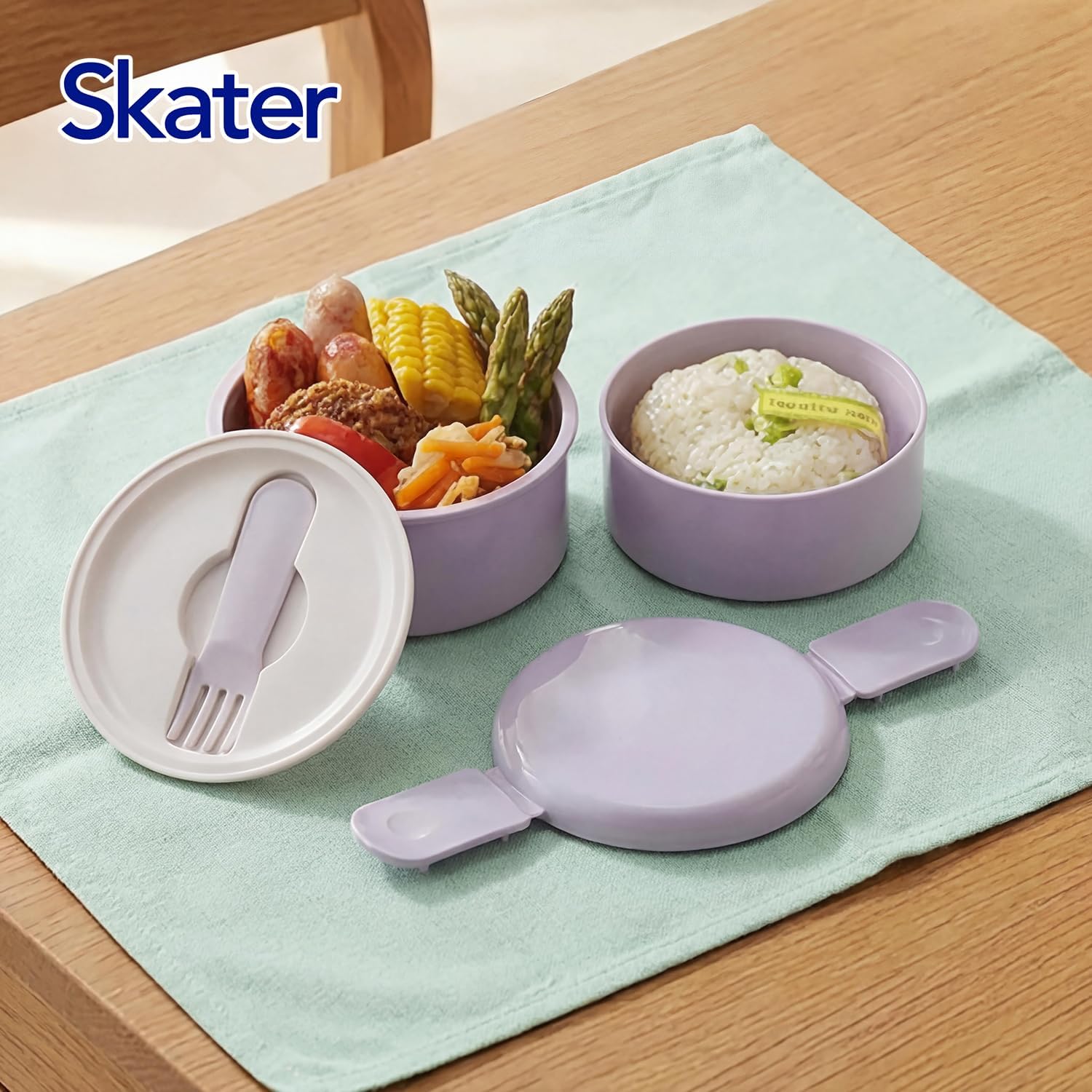 Skater ONWR1B Biomass Lunch Box with Fork, Round Shape Lunch Box, 2-Tier, 16.9 fl oz (500 ml), Nesting, Microwave Safe, Made in Japan, Sepia Lavender
