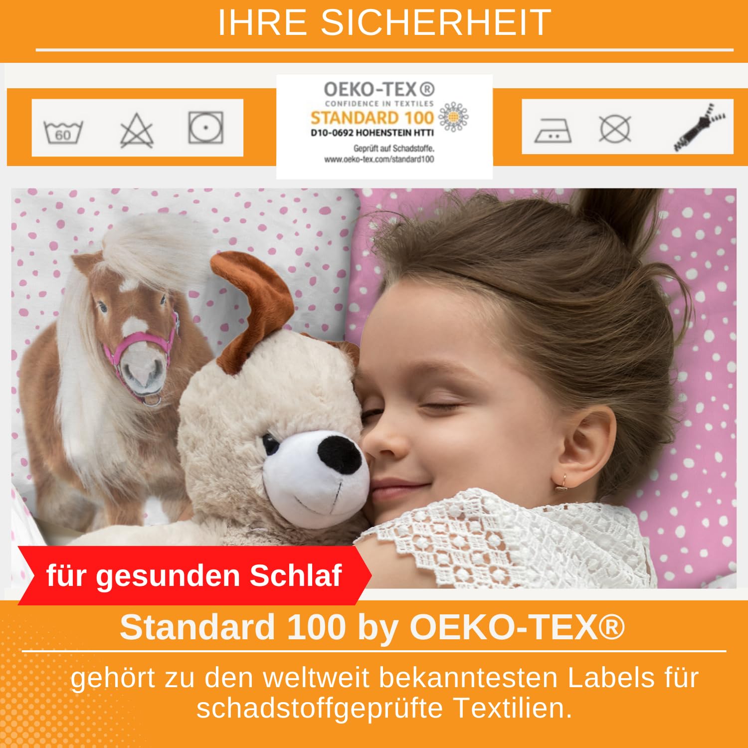 Aminata kids Bettwäsche 135x200 Mädchen Pferd Biber 100% Baumwolle Pferde-Motiv, Reißverschluss warm & kuschelig, Winter-Bettwäsche-Set - Wendebettwäsche Pony