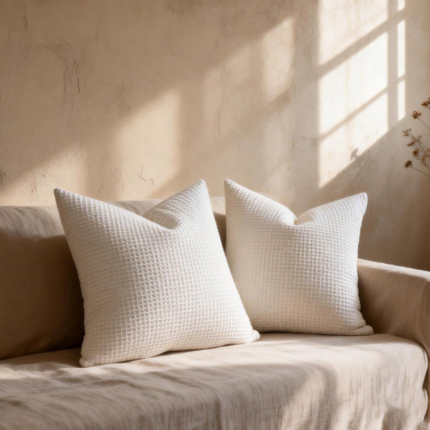 Pillow Covers 26x26 Set of 2 Cotton Euro Shams with Hidden Zipper Wrinkle Resistant Breathable Decorative Waffle Weave Pillowcases for Couch, Sofa, Bedroom Car, Ivory White