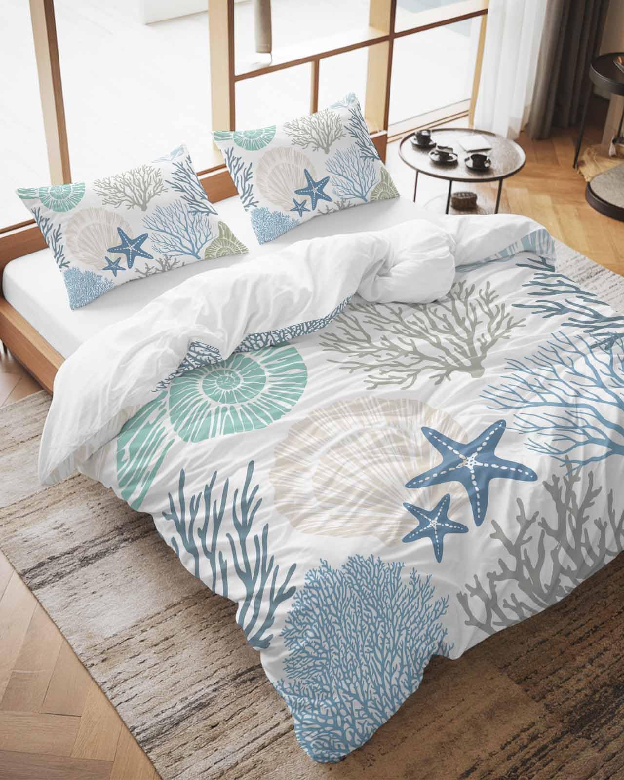 LooPoP Comforter Sets Queen Size Nautical Coastal Ocean Coral Soft Bedding Duvet Cover Sets 3 Pieces Beach Themed Blue Teal Bedding Set with Comforter Quilt Cover and 2 Pillow Cases Bedroom Decor