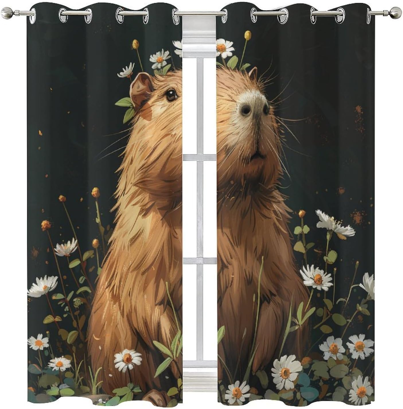 Capybara Daisy Floral Grommet Blackout Curtains for Bedroom, Flower Field Plants Fantasy Thermal Insulated Curtains Room Darkening Window Drapes, 21W x 45L, 2 Panels