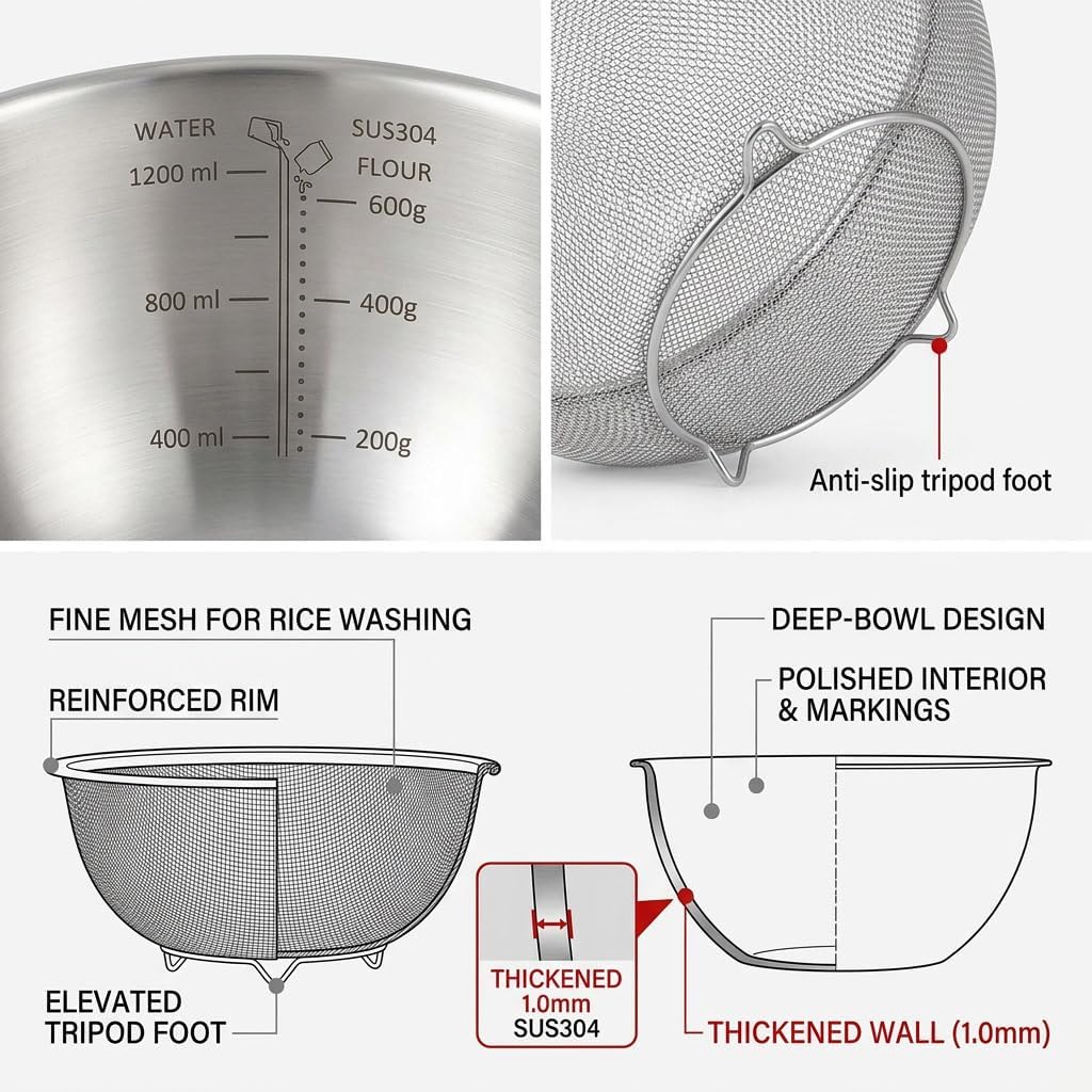 18/8 Stainless Steel Colander with Mixing Bowl, 1.5QT