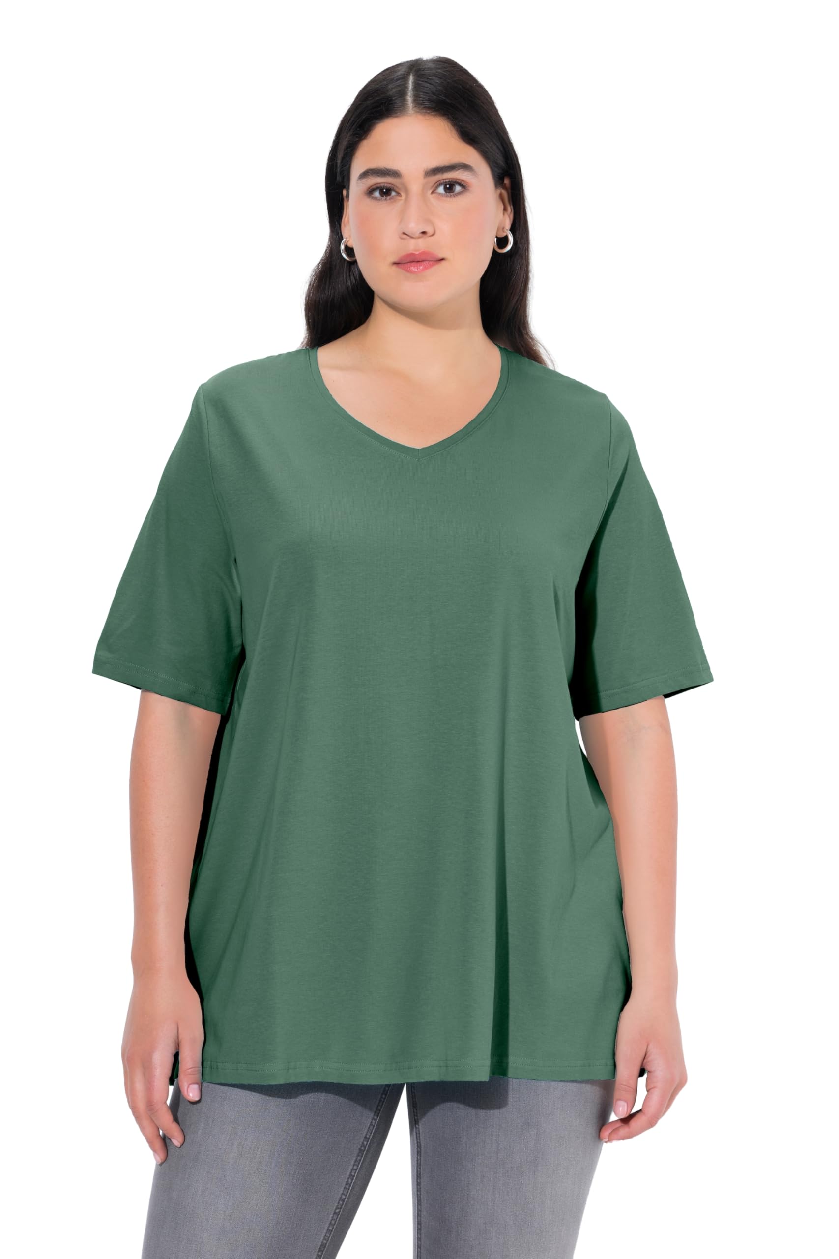 Ulla Popken Womenswear Plus Size Curvy Essential V-Neck Stretch Tee Dark Eucalyptus 62+ 807284430-62+