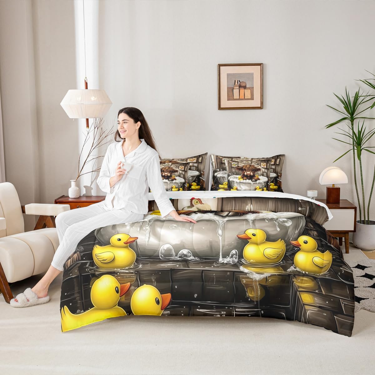 Cute Highland Cattle Kids Comforter Twin Size,Funny Highland Cow Duck 7 Pcs Bedding Set,Cartoon Animal Rustic Farmhouse Decor All Season,Brown Yellow(Fitted+Sheet+2 Pillowcases+2 Throw Pillow Covers)