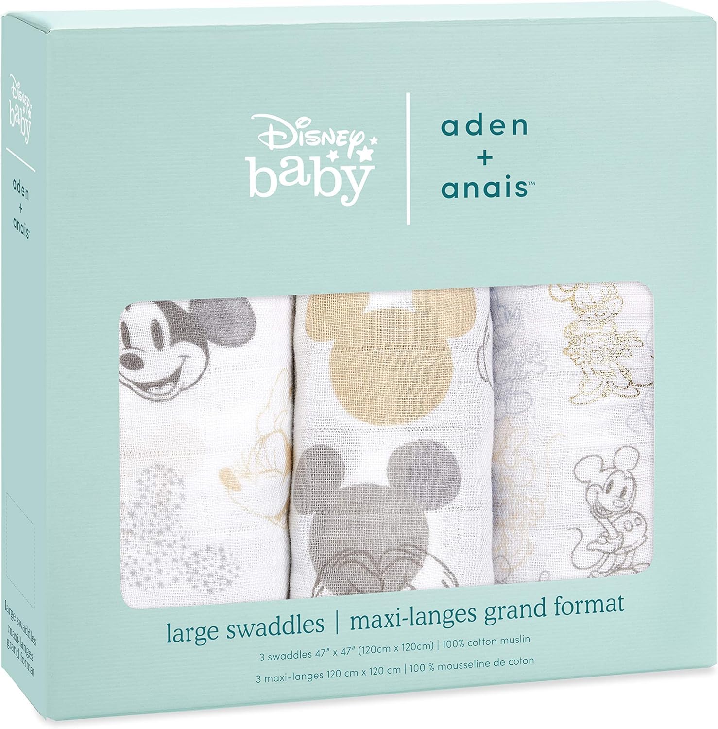 aden + anais 3 Maxi-Langes Grand Format prélavés en Mousseline de Coton métallisée, Couverture Douce et légère, Allaitement, Garçon, Fille, Lot de Trois, 120cm x 120cm, Imprimé Mickey + Minnie