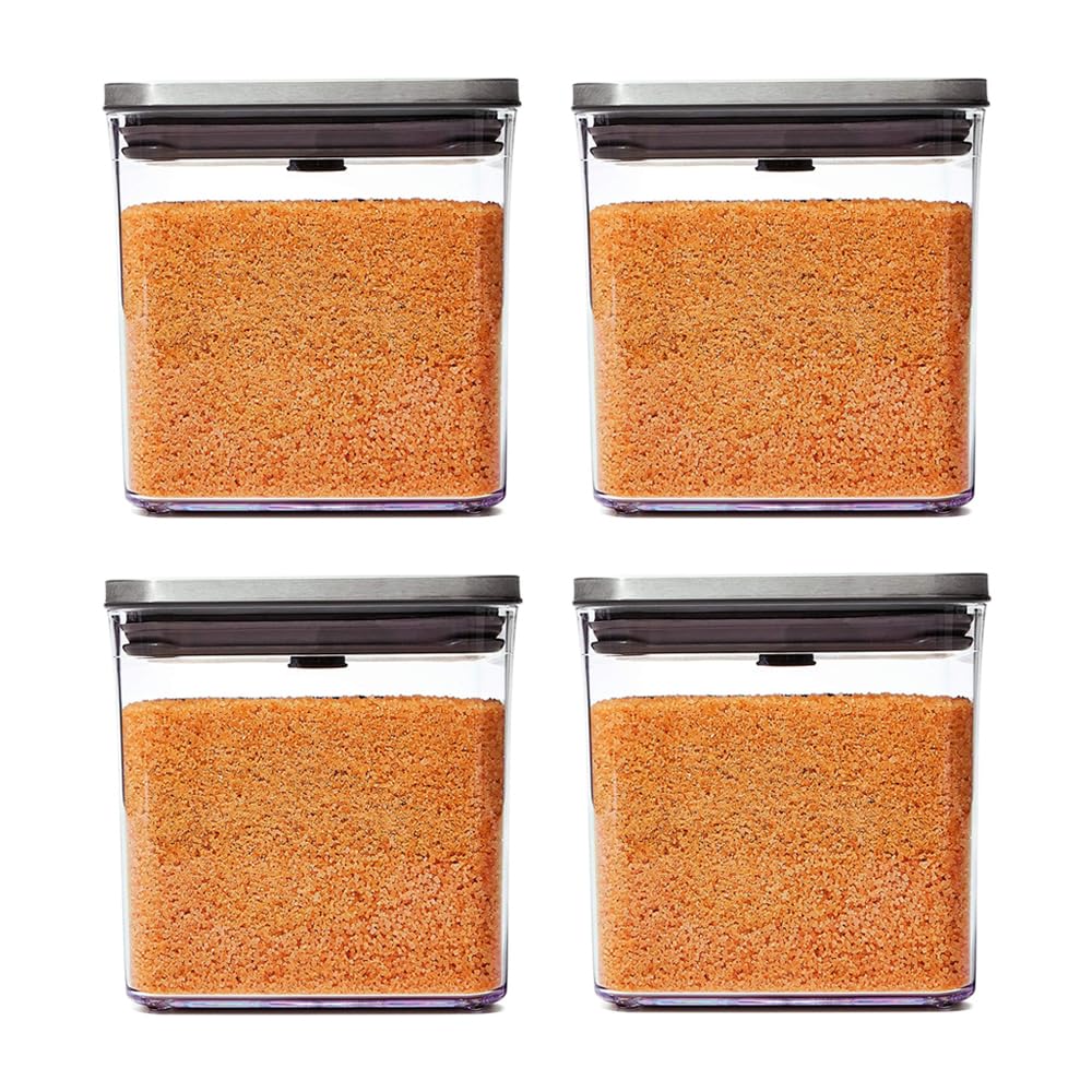OXO POP-Behälter aus Stahl, groß, kurz, quadratisch, 2,8 Qt (4 Stück) luftdichte Frischhaltedosen für Müsli, Getreide und mehr, Grau