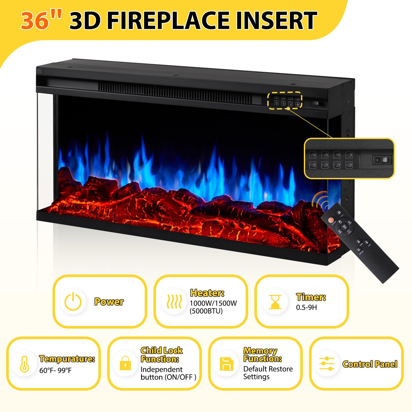 6 Inch 3-Sided Glass Electric Fireplace Insert, Electric Fireplace Heater with Remote Control, Wall Mounted and Recessed Fireplace with 8H Timer, 20 Flame Color for Indoor Use, Office, Bedroom