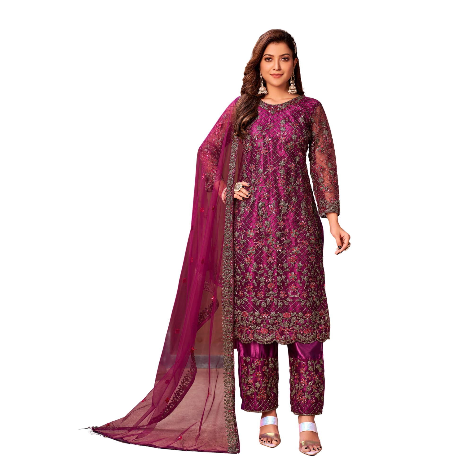 Luxury Pakistani Soft Net Designer Salwar Kameez with Embroidered Dupatta for Party Wear