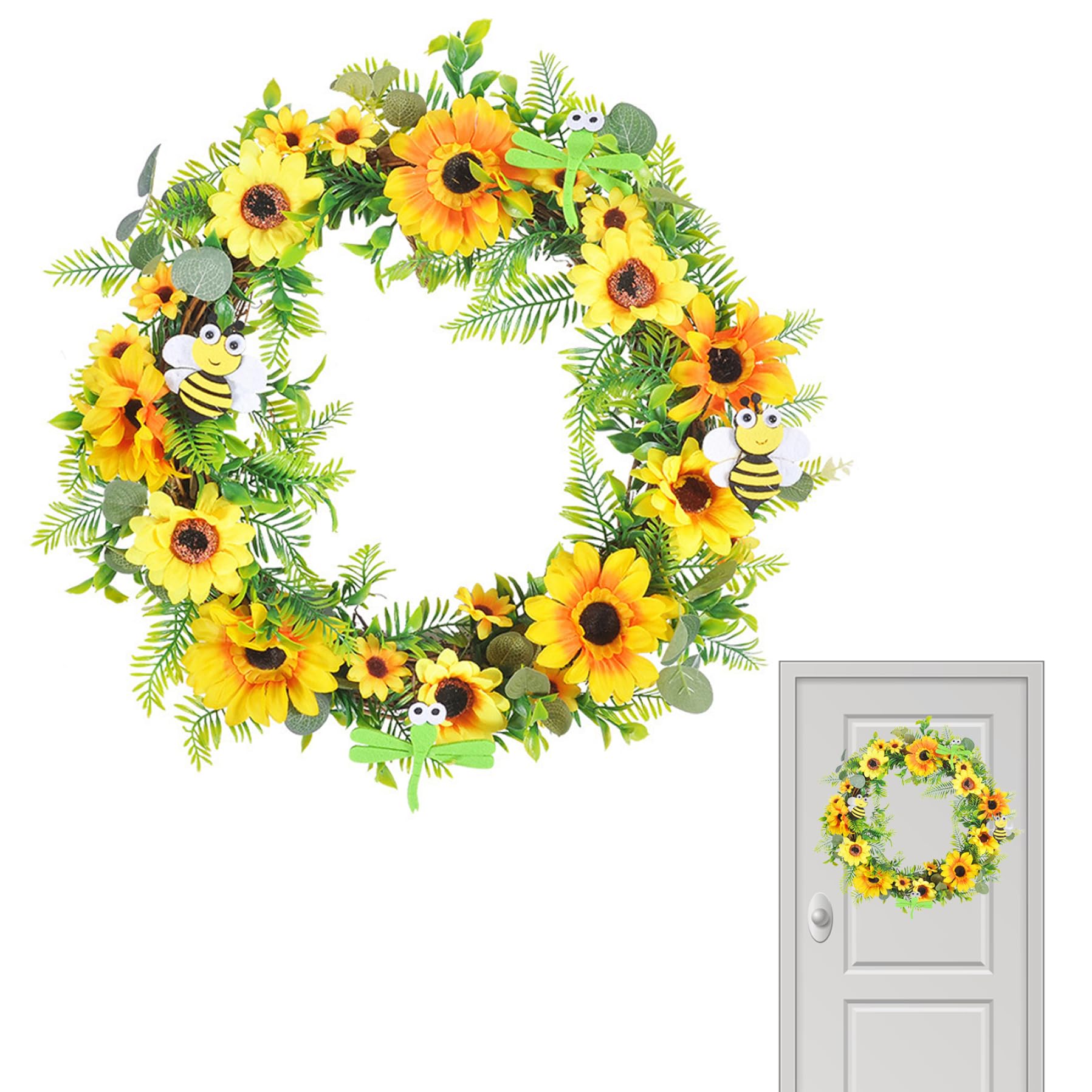 Ameble Sunflower Wreaths for Front Door Summer Wreath with Vibrant Artificial Sunflowers All Season Home Decor Wreath