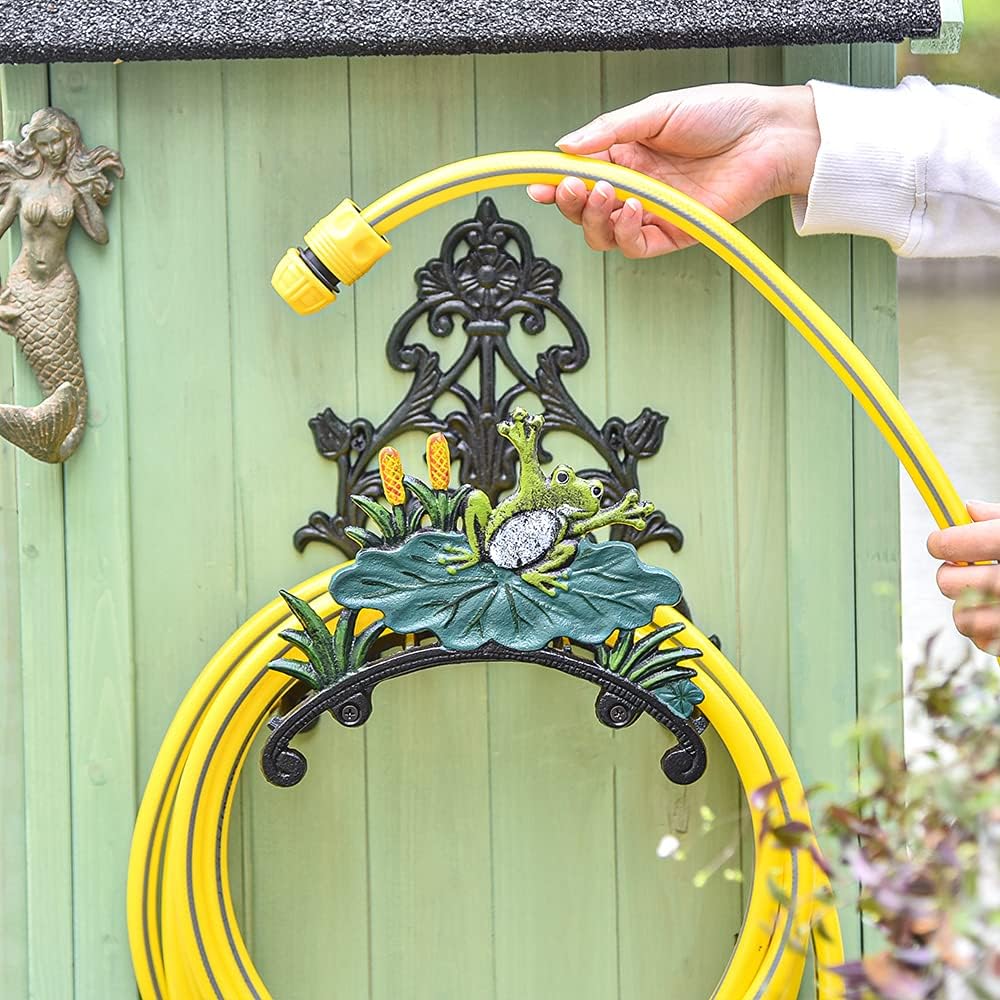 Sungmor Water Hose Holder, Wall Mount Garden Hose Hanger, Heavy Duty Cast Iron Hose Reel Wall Mounted, Indoor Outdoor Watering Hose Wall Hook, Yard Balcony Water Pipe Storage Rack Butler - Color Frog
