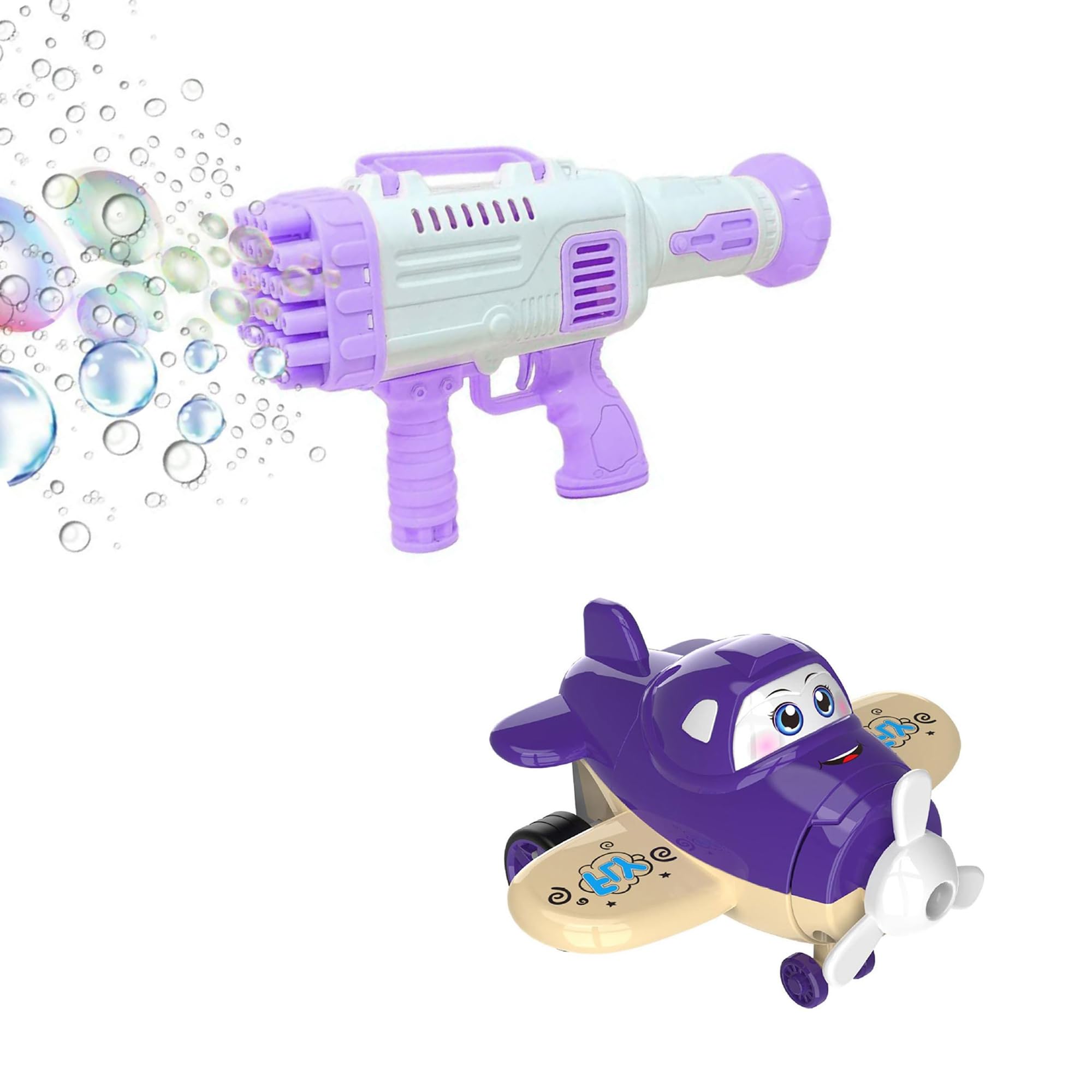 TOY DEKHO Combo Super Socket 32 Holes Purple Bubble Gun & Deform Cartoon Robot Plane, Friction Powered Toys for Kids Boys Age 3+ Years