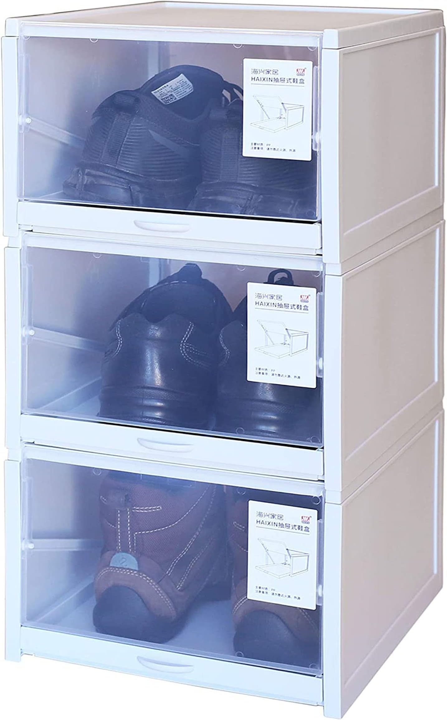 JJMG Stackable Shoe Box Drawer Type Design Set of 3 Push-Pull Transparent Shoe Container Home Organizer Clear Plastic Shoe Storage For Men Large