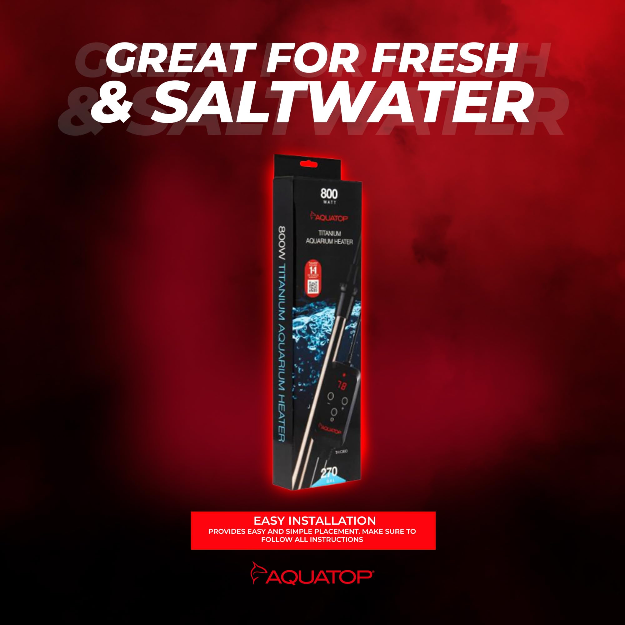 Aquatop TH-C800 - Calentador de titanio de 800 W con controlador, sumergible para tanques de hasta 270 galones, ajustable de 20.0 a 33.3 °C, duradero para peces y tortugas grandes, TH-C800