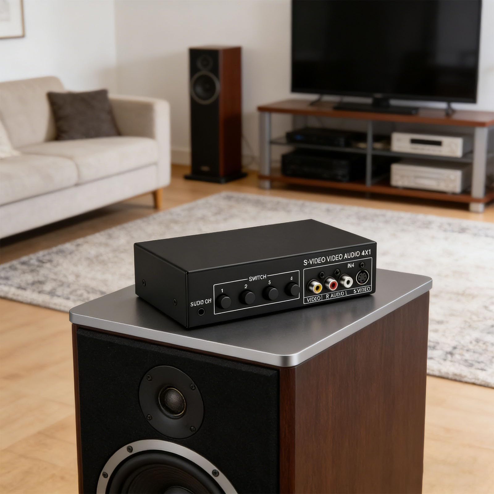Commutateur S-Vidéo 4x1 avec sortie sonore de 3,5 mm Boîtier métallique Commutateur de remplacement 4 en 1 Out 720P Home Cinéma Changement
