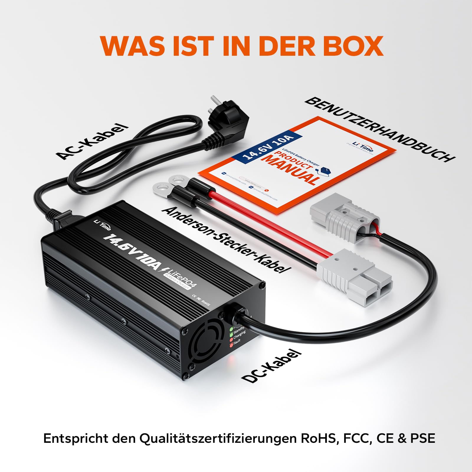 LiTime 12V 10A Batterieladegerät, 14,6V AC-DC LiFePO4 Lithium-Batterie-Ladegerät mit Anderson-Anschluss LED-Anzeige Ladegerät speziell für Deep-Cycle-Akkus für Womos, Häuser, Insel- & Solaranlagen