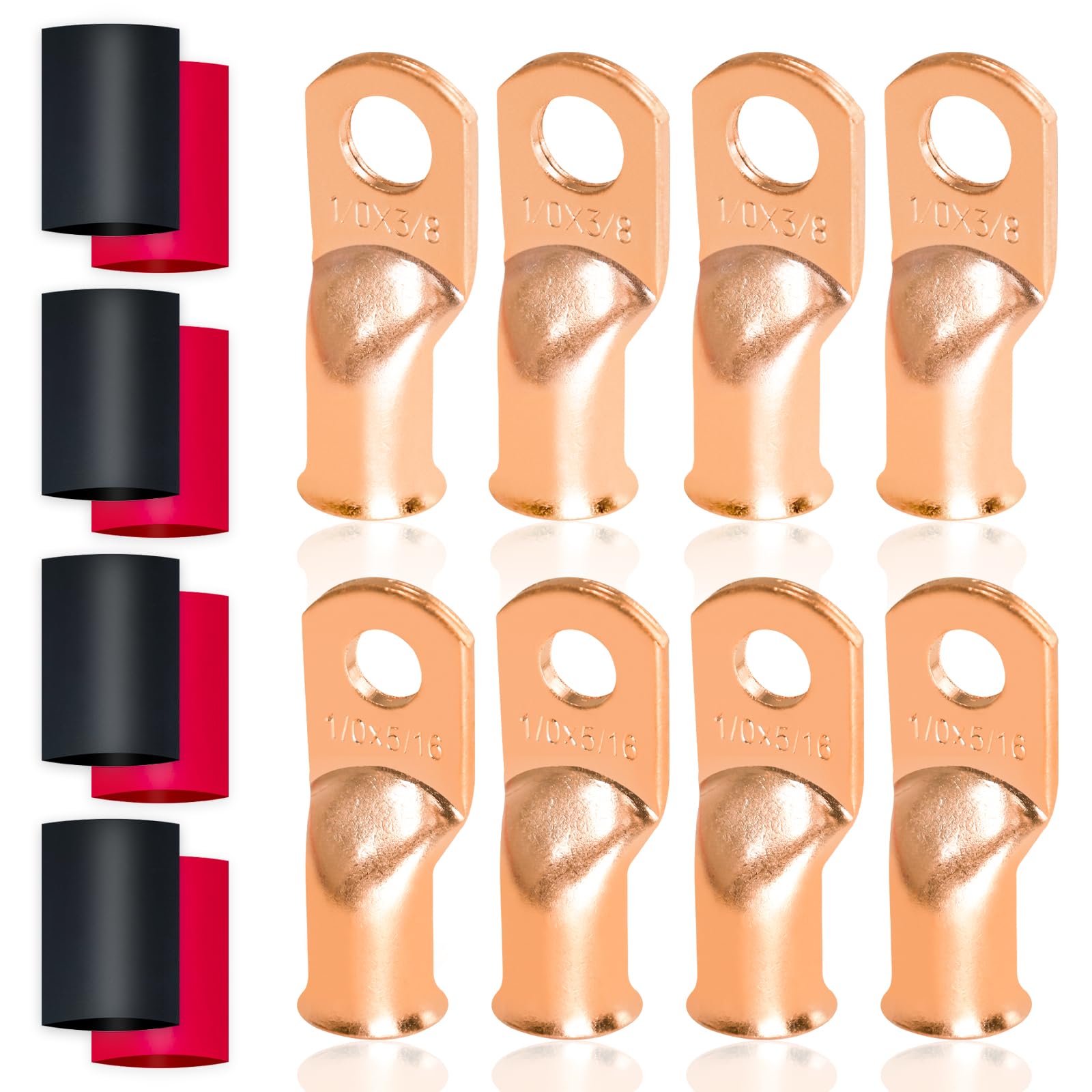 16 PCS Battery Terminal Connectors Kits, Battery Cable Ends Lugs, 1/0 Gauge Wire Connectors, 1/0 AWG 3/8" 5/16" Stud Ring Terminals, Copper Wire Lugs