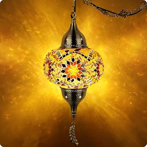 Miniatura 9 de Yarra-Decor Lámpara colgante turca marroquí con cable de 15 pies, exquisita lámpara de techo de mosaico estilo Tiffany para dormitorio, sala de