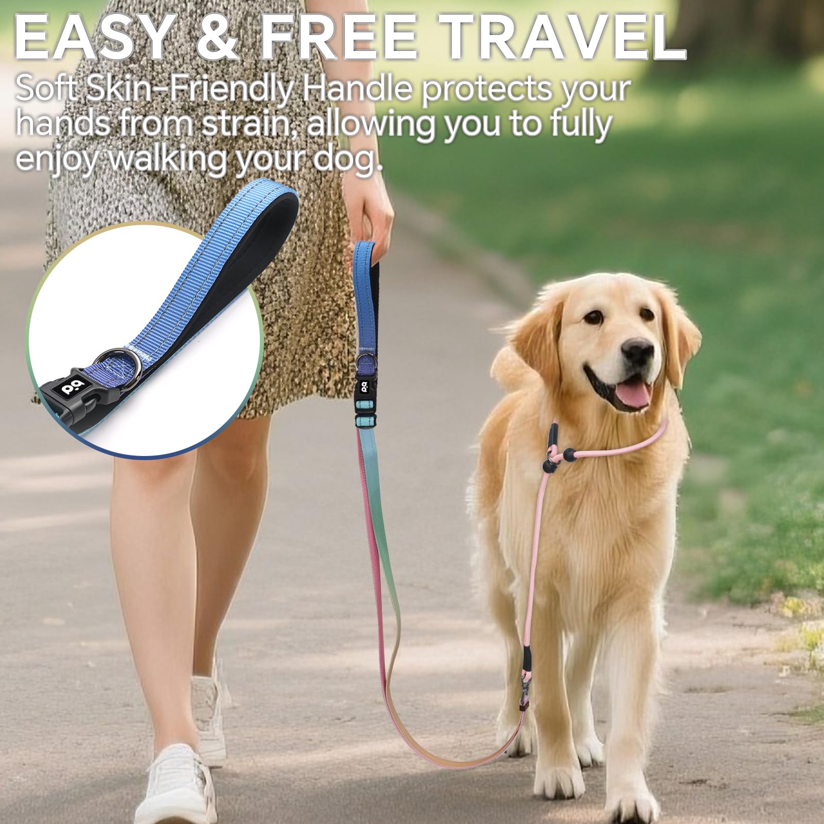 QQPETS Laisse réglable pour chien, mains libres, pour promener le chien, laisse de dressage réfléchissante avec pivot à 360° anti-nœuds, longueur de 1,2 à 2,1 m pour toutes les races
