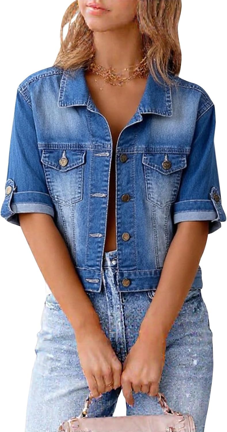 Denim Shacket Jacket for Women,3/4 Sleeve Button Down Tops Casual Trendy Jean Shacket for Women Denim Tops
