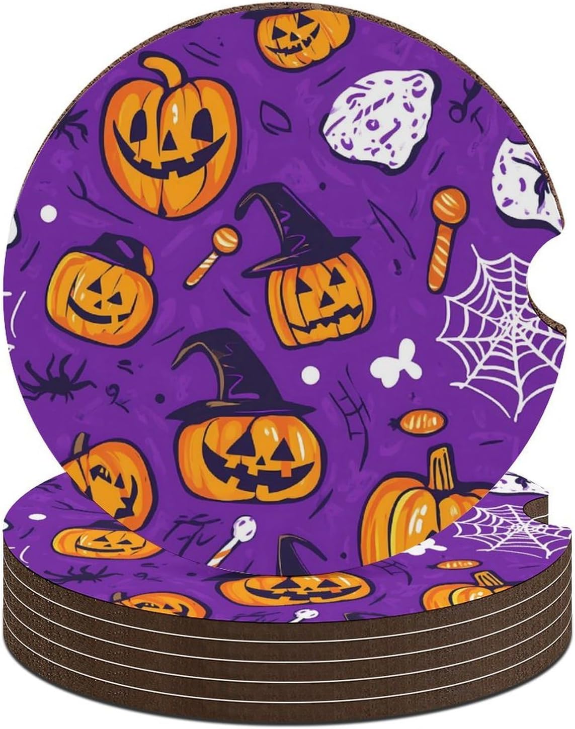 Halloween Witch Pumpkins Car Cup Holder Coaster with Cork Base 2.6 Inches Anti Slip