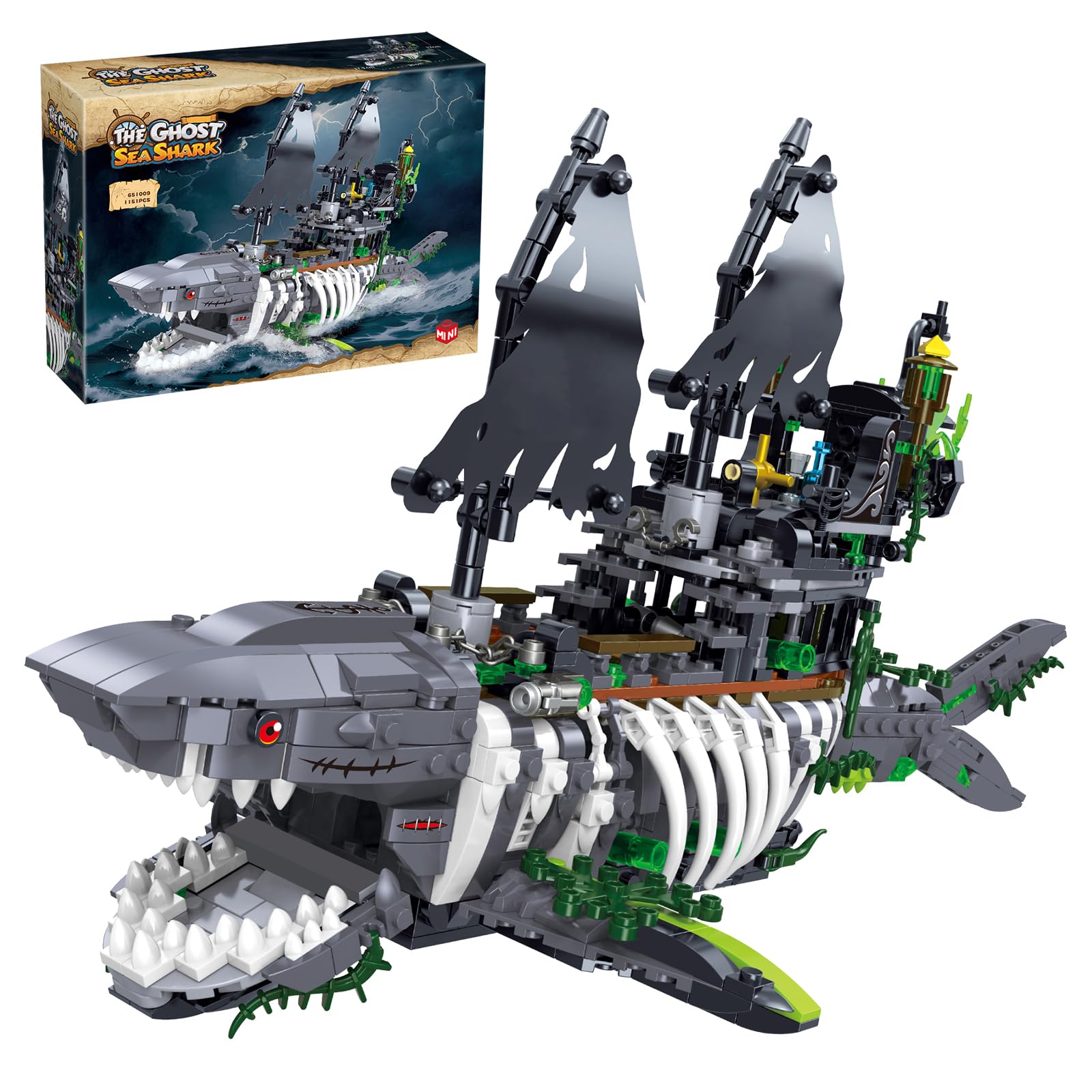 Hallisun Ghost Pirate Ship Building Block with Light, Ghost Sea Shark Boat Model Mini Size Block Set, Shark Shape Cruise Ship Construction Kit Toys Birthday Gifts Decor for Adults Boys 8+, 1151 PCS — image 1