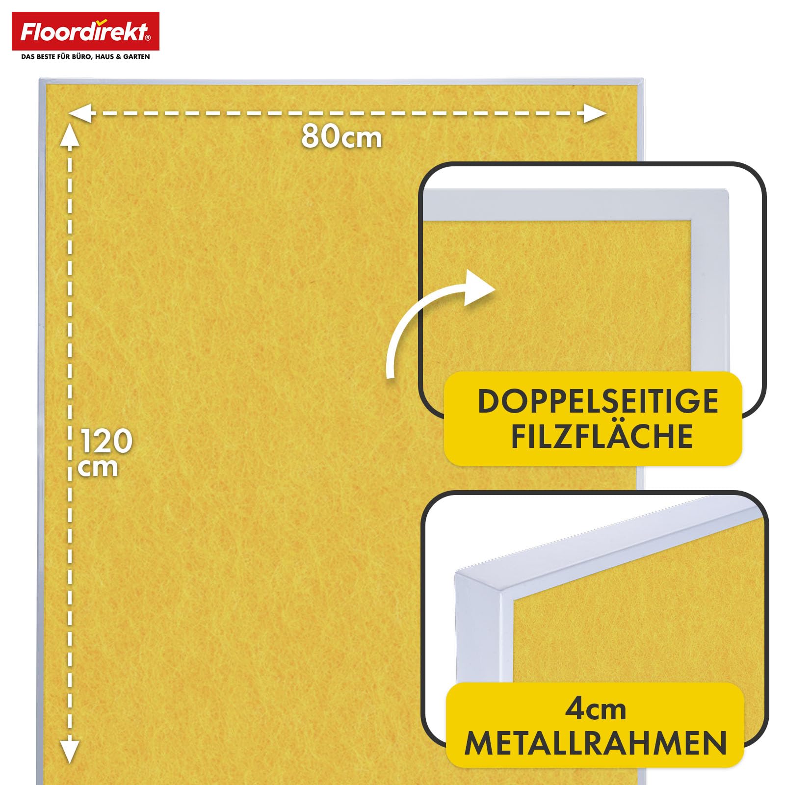 Floordirekt Moderationwand Doppelseitig 80 x 120 cm Präsentationstafel mit feststellbaren Rollen - Filztafel Pinnwand - Stabiler Metallrahmen - Giant (Gelb)