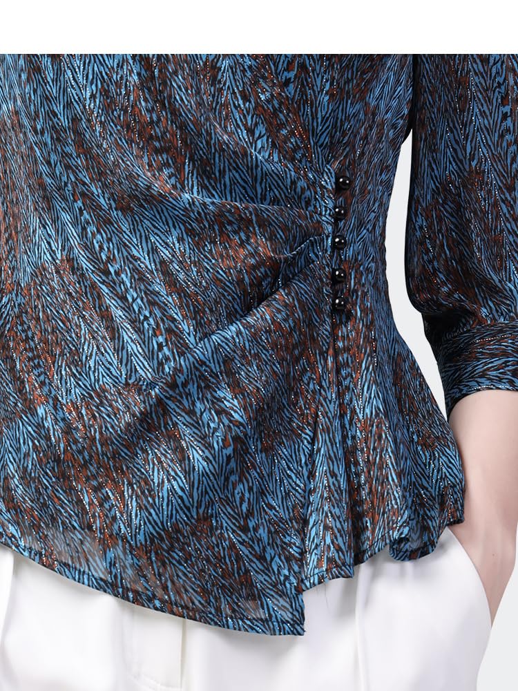 Camisa a Rayas con Estampado de Gasa Sedosa para Mujer, Blusas holgadas con Manga Tres Cuartos y Cuello Vuelto, Blusas para Primavera y Verano (Azul S)