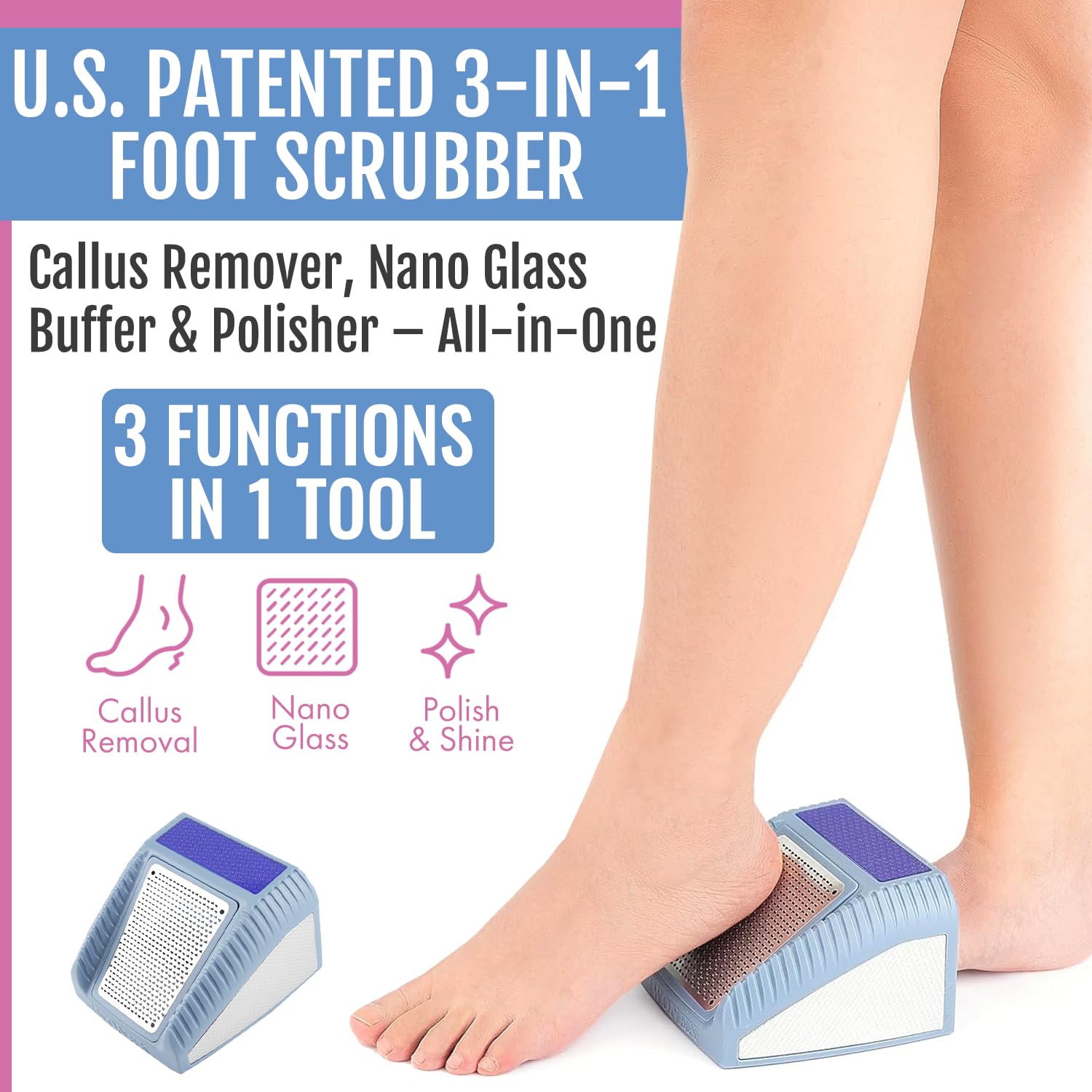 Wonex Limpiador de pies 3 en 1 patentado por Estados Unidos, removedor de callos sin doblar, pulidor de nanocristales y pulidor para pies lisos, ideal para personas mayores, imprescindibles para el