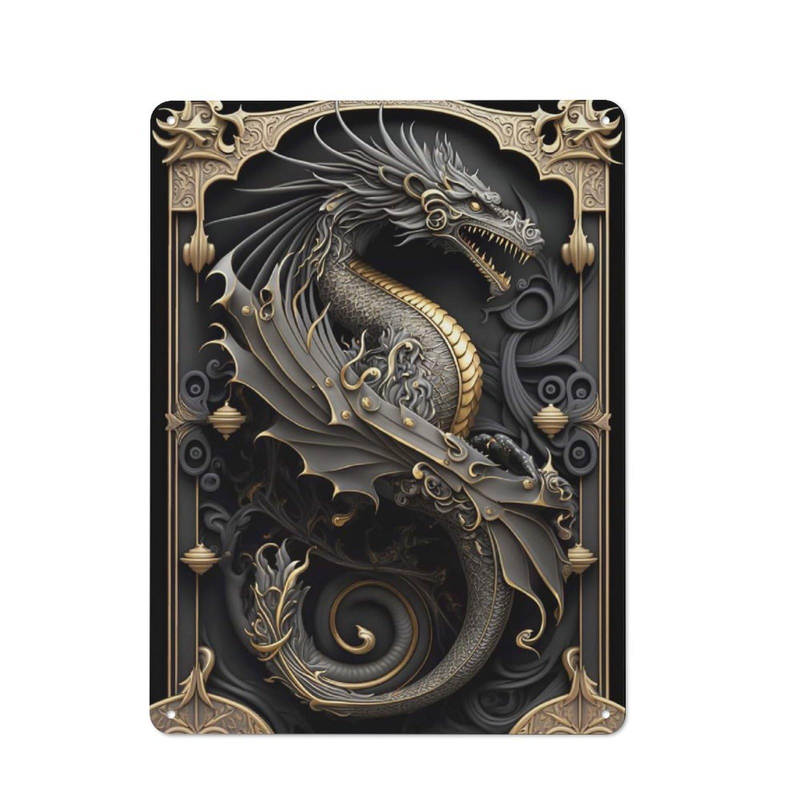 Junmoney Style-20 Tin Wall Plaque 40X30cm With Dragon King Art Deco For Home Office Or Studio, For Garage, Workshop And Man Cave Decoration