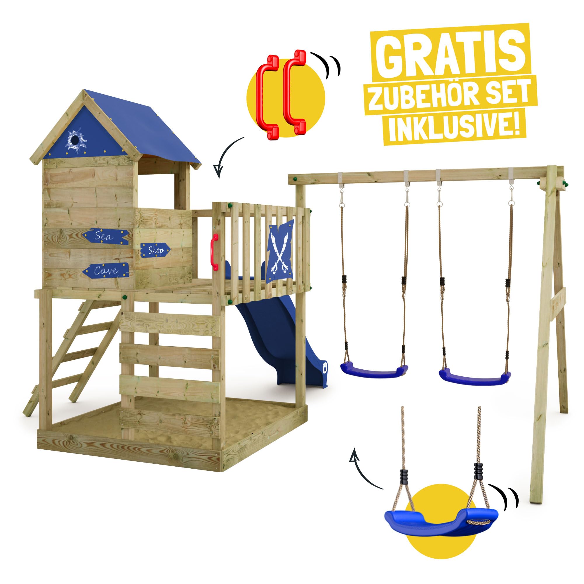 Wickey Spielturm Smart Cave Klettergerüst mit grüner Rutsche | mit Schaukel, Outdoor Kinder Kletterturm, mit Sandkasten, Leiter & Spiel-Zubehör für den Garten