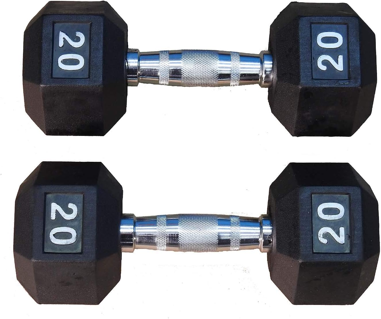 20 lb Rubber hex Dumbell with Chrome Plated Solid Contour Shape Steel Handle Sold AS A Pair (Pair)