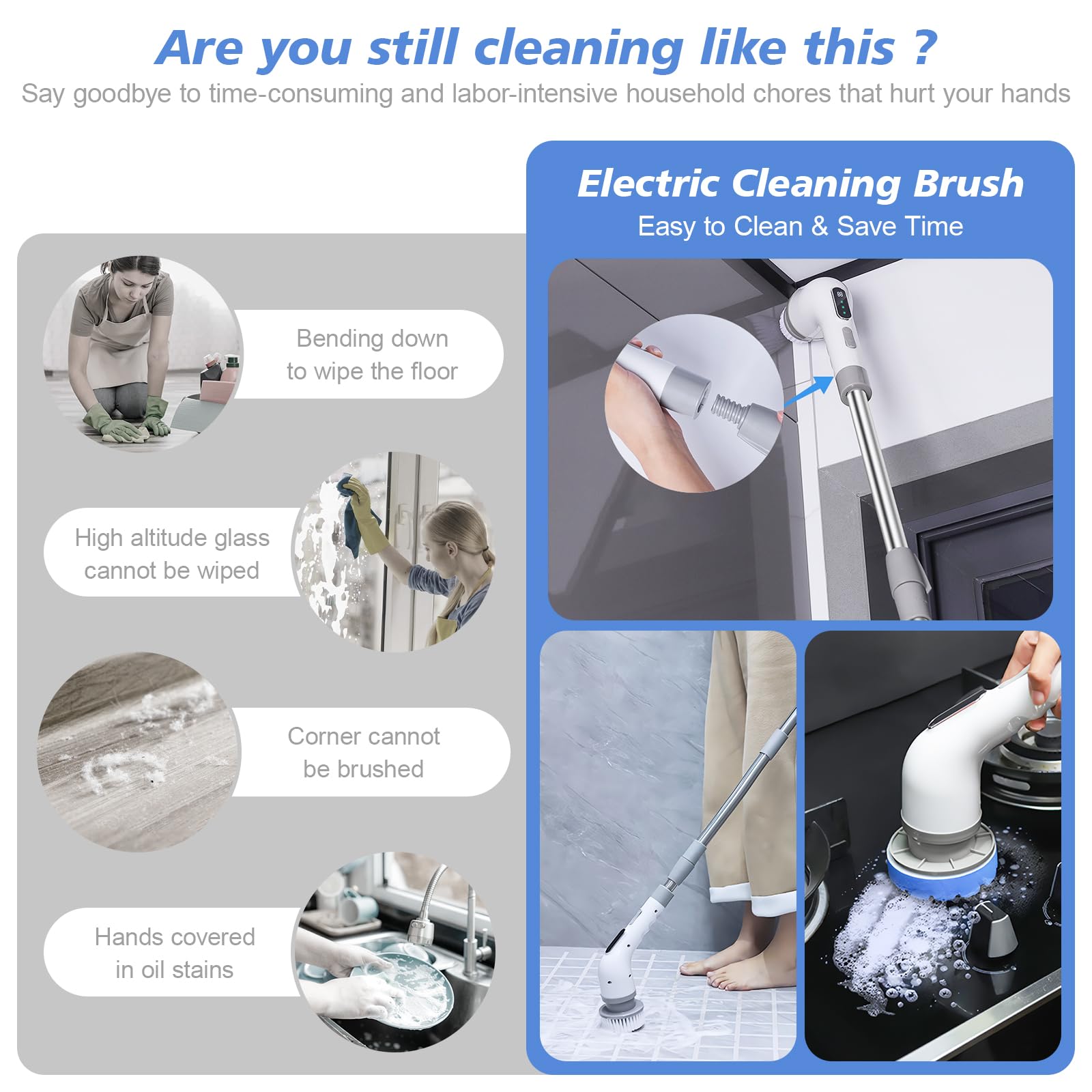 Cepillo Electrico Limpieza hogar, 9 en 1 Cepillo Limpieza Electrico, Gran Potencia con 3 Velocidades Ajustables, Electric Cleaning Brush para Baño, Suelo, Cocina, Coche, Azulejos
