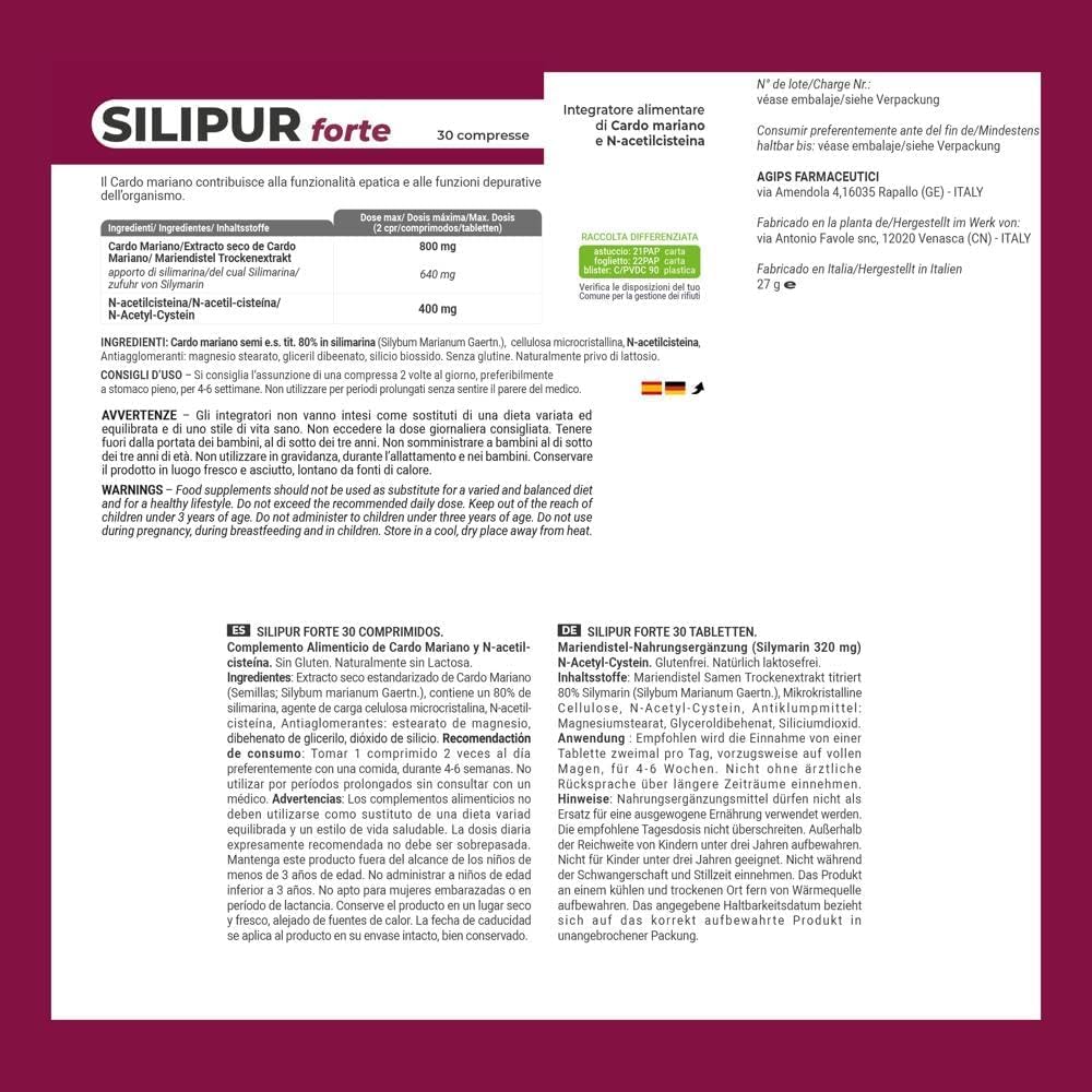Agips Silipur Forte Fegato Disintossicante Forte Depurativo Con Cardo Mariano N-Acetilcisteina 30 compresse (2 Scatole)