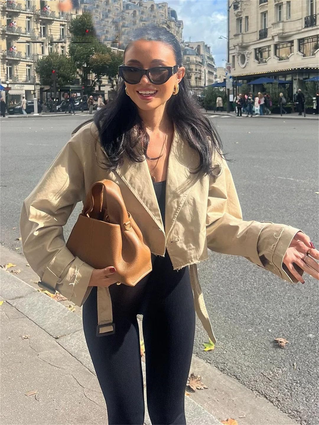 Women with Pocket O Neck Casual Coat Long Sleeve Button Elegant Cropped Raw Edge Blazers