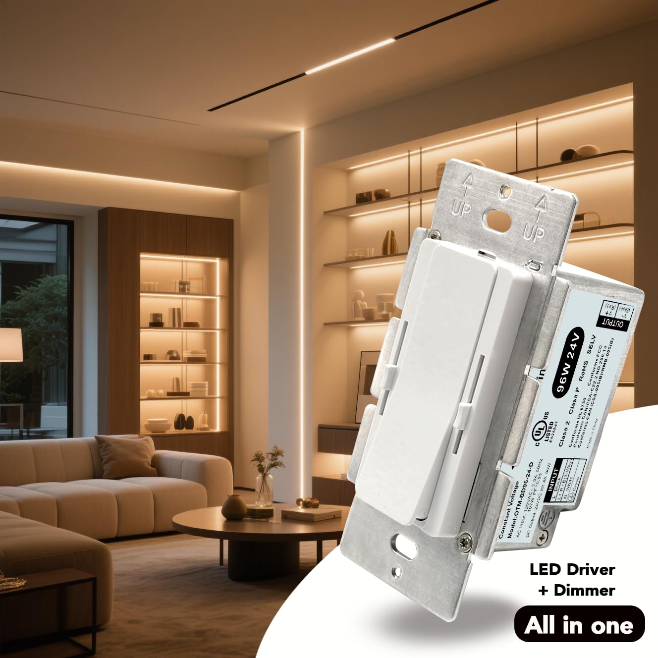 Dimmer Light Switch & 24V 96W Dimmable LED Driver 2 in 1, Class 2 UL Listed 120V AC to DC Power Supply for Low Voltage Projects, Single-Pole/3-Way with ON/Off Control and Smooth Flicker-Free Dimming